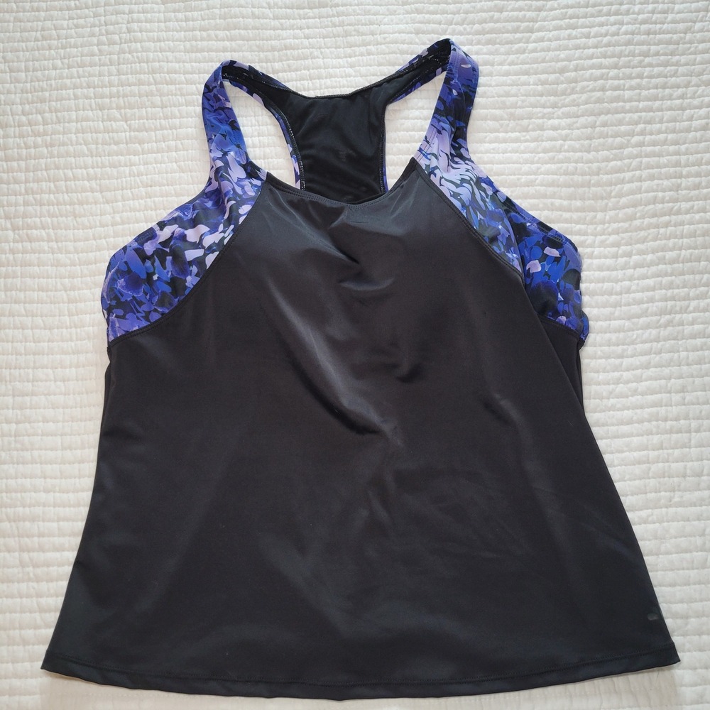 Swimsuits For All Aquabelle Tankini Top Womens 18 Black Blue Floral Racerback